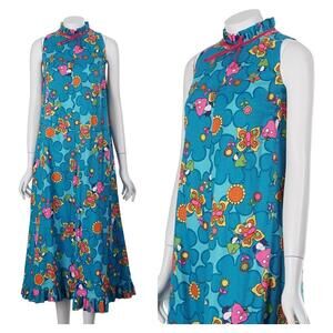 Andrade Honolulu 60s 70s Vintage Dress Mushroom Butterfly A-Line Maxi Hippie